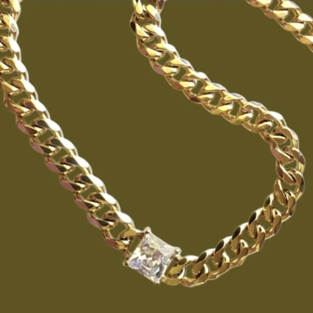 Miami Cuban Link Chain Stainless Steel Necklace with Square CZ Pendant